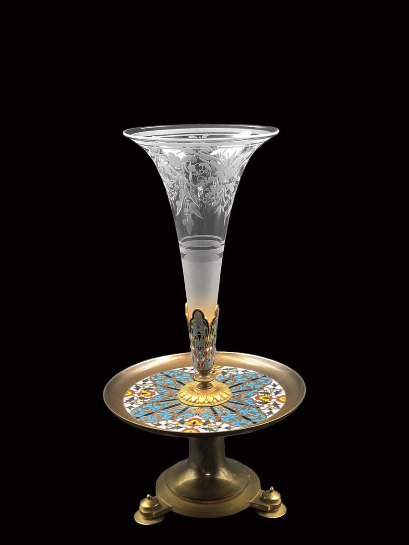 19th C. French Baccarat Crystal Champleve Enamel Bronze Centerpiece: 19th C. French Baccarat Crystal Champleve Enamel Bronze Centerpiece. H 14" x W 7.5"