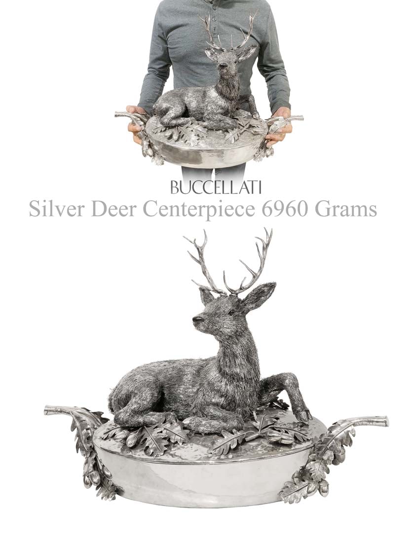 A Large & Heavy Italian Buccellati Silver Deer Centerpiece, Signed: A Large & Heavy Italian Buccellati Silver Deer Centerpiece, Hallmarked & Signed. Weight: 6960 Grams, H 17" x 24" x 10"