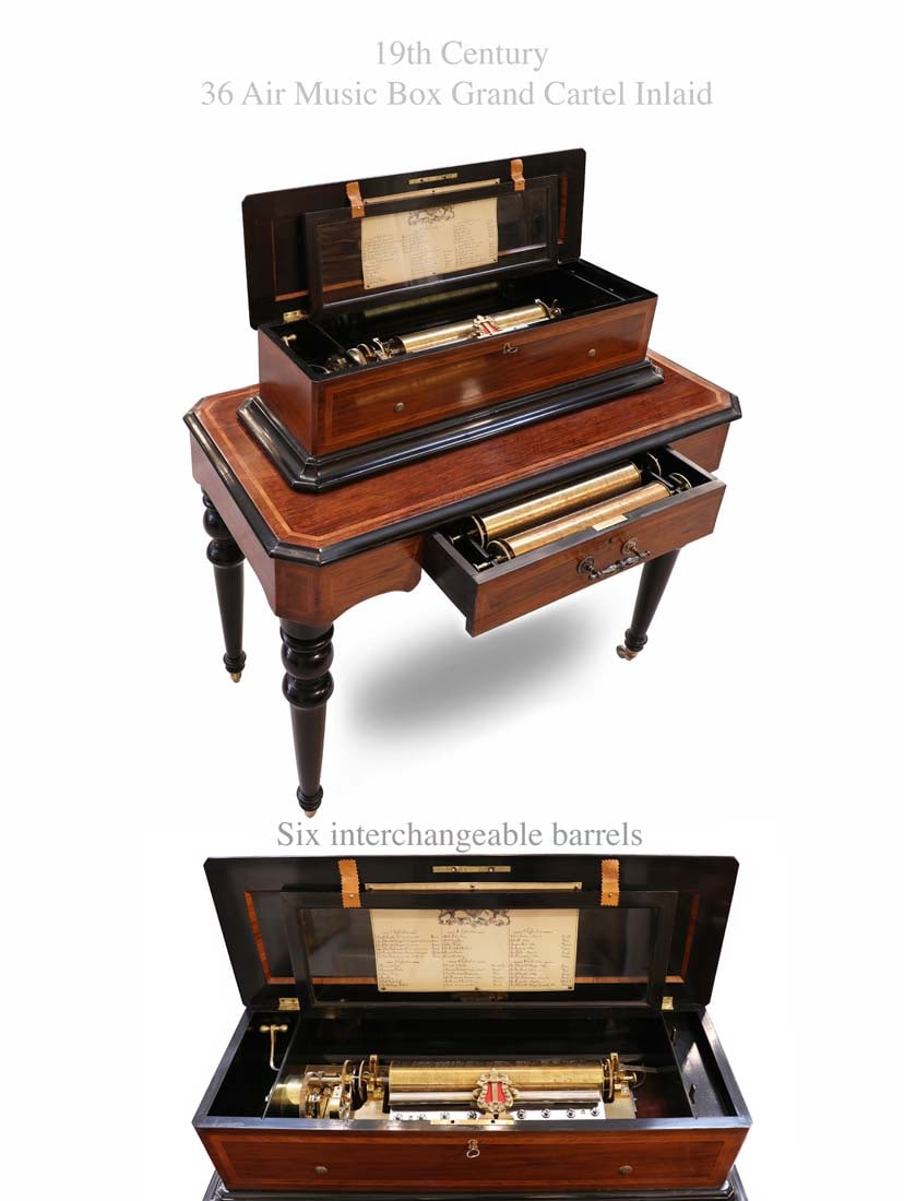 A Fine 19th C. Playing 36 Airs Interchangeable 6 Cylinders Cartel Inlaid Music Box Table (1 of 2)