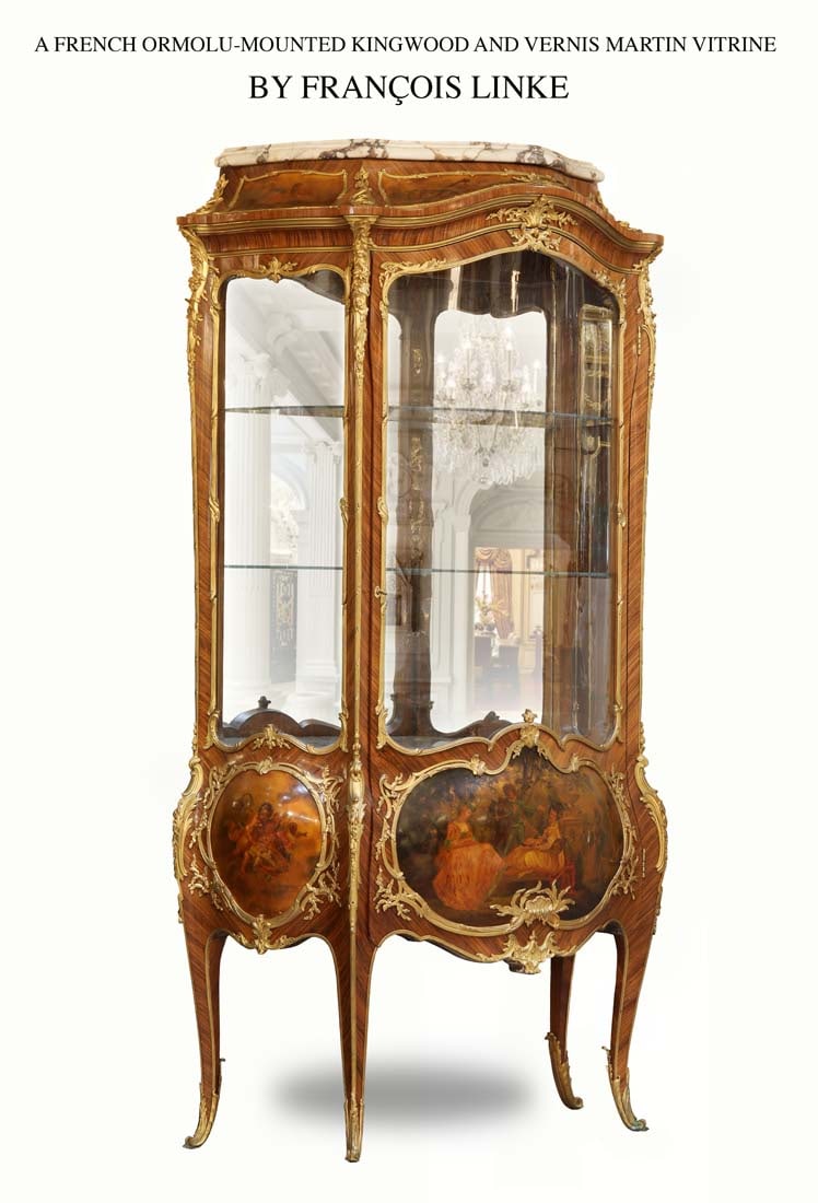 19TH C. FRANCOIS LINKE BROZE KINGWOOD VERNIS MARTIN VITRINE CABINET: 19TH C. FRENCH FRANCOIS LINKE, PARIS, SIGNED ORMOLU MOUNTED KINGWOOD HAND PAINTED VERNIS MARTIN VITRINE CABINET. H 75" x 40.5" x 19"