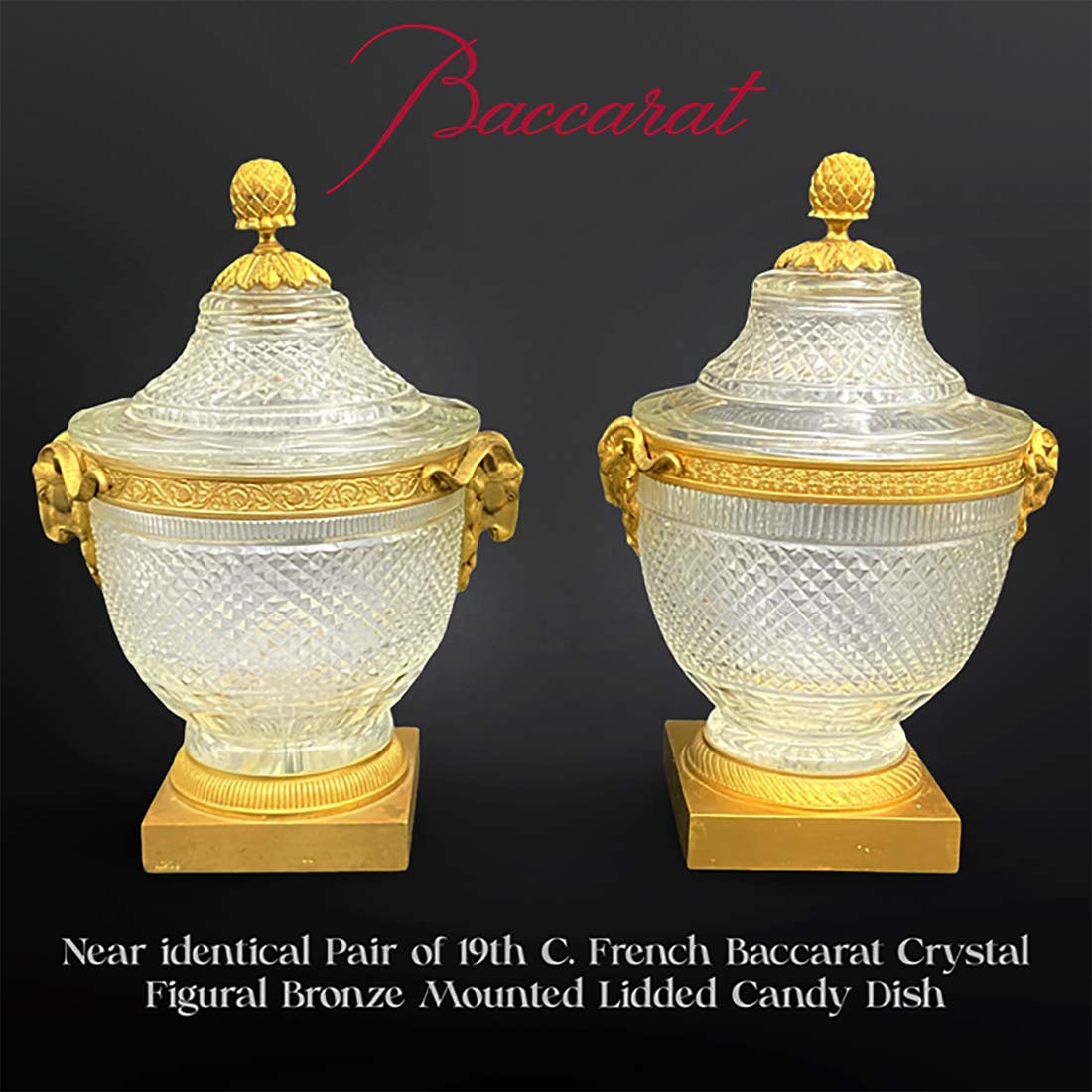 A Near Identical Pair of 19th C. Baccarat Crystal Figural Bronze Lidded Candy Dishes: Near identical Pair of 19th C. French Baccarat Crystal Figural Bronze Mounted Lidded Candy Dishes. H 10" X L 7" X W 5.5"