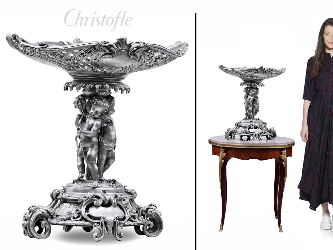 A Fine 19th Century CHRISTOFLE Silver-Plated Figural Centerpiece: A Fine 19th Century CHRISTOFLE Silver-Plated Figural Centerpiece. H 18". NOTE: The pedestal/table in the cover image is NOT included!