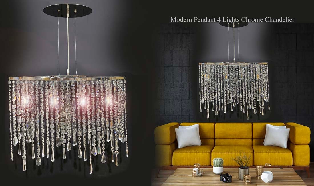 A Modern Chrome Crystal Glass 4 Lights Pendant Chandelier: A Modern Chrome Crystal Glass 4 Lights Pendant Chandelier. H 42" x W 28"