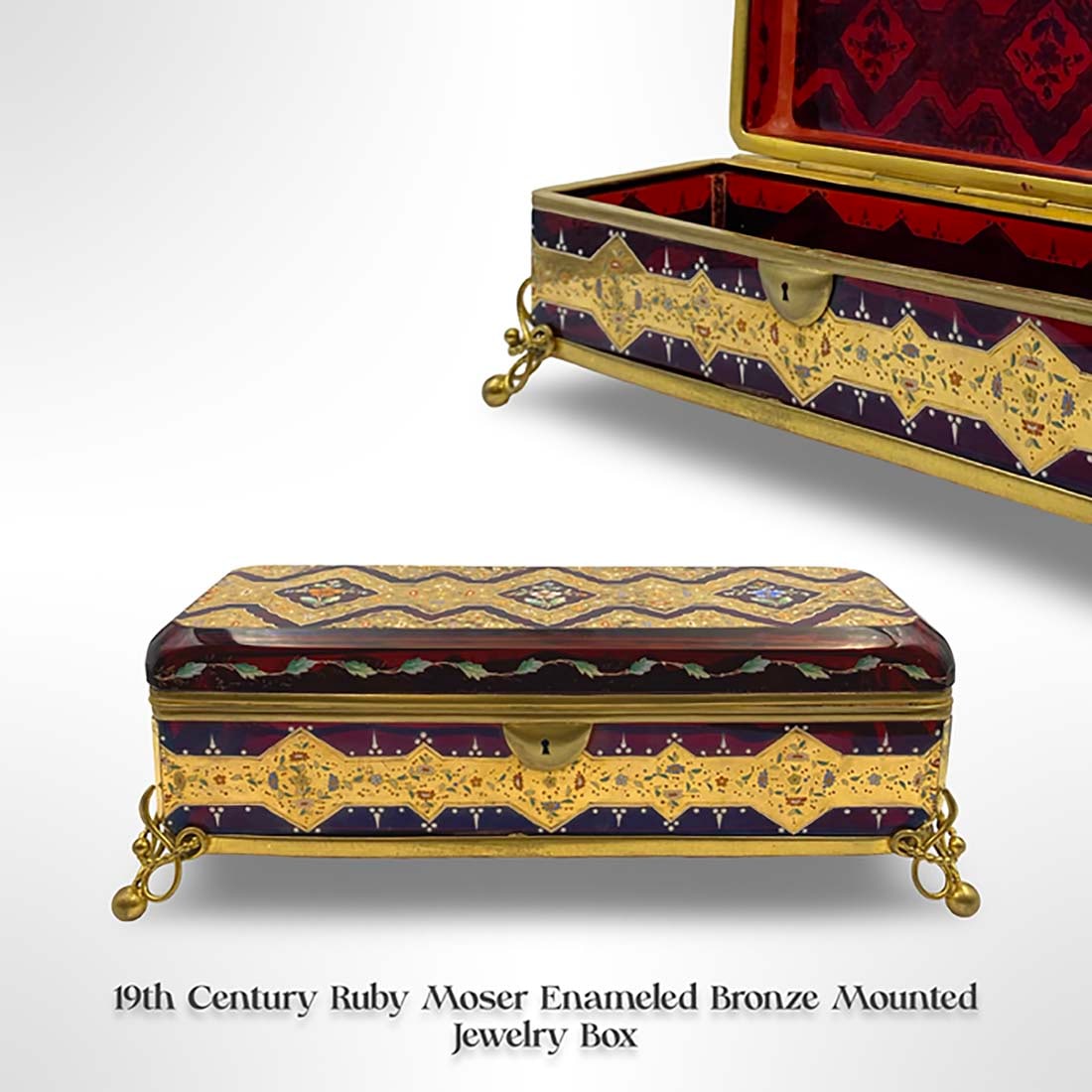 19th C. Moser Enameled Ruby Crystal Glass Bronze Jewelry Box: 19th Century Moser Enameled Ruby Crystal Glass Bronze Mounted Jewelry Box. H 4.75" x L 13.5" x W 4.75"
