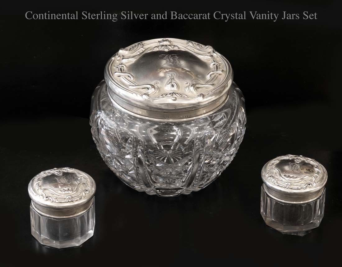 A Set of Three Continental Sterling silver & Baccarat Crystal Vanity Jars (1 of 6)