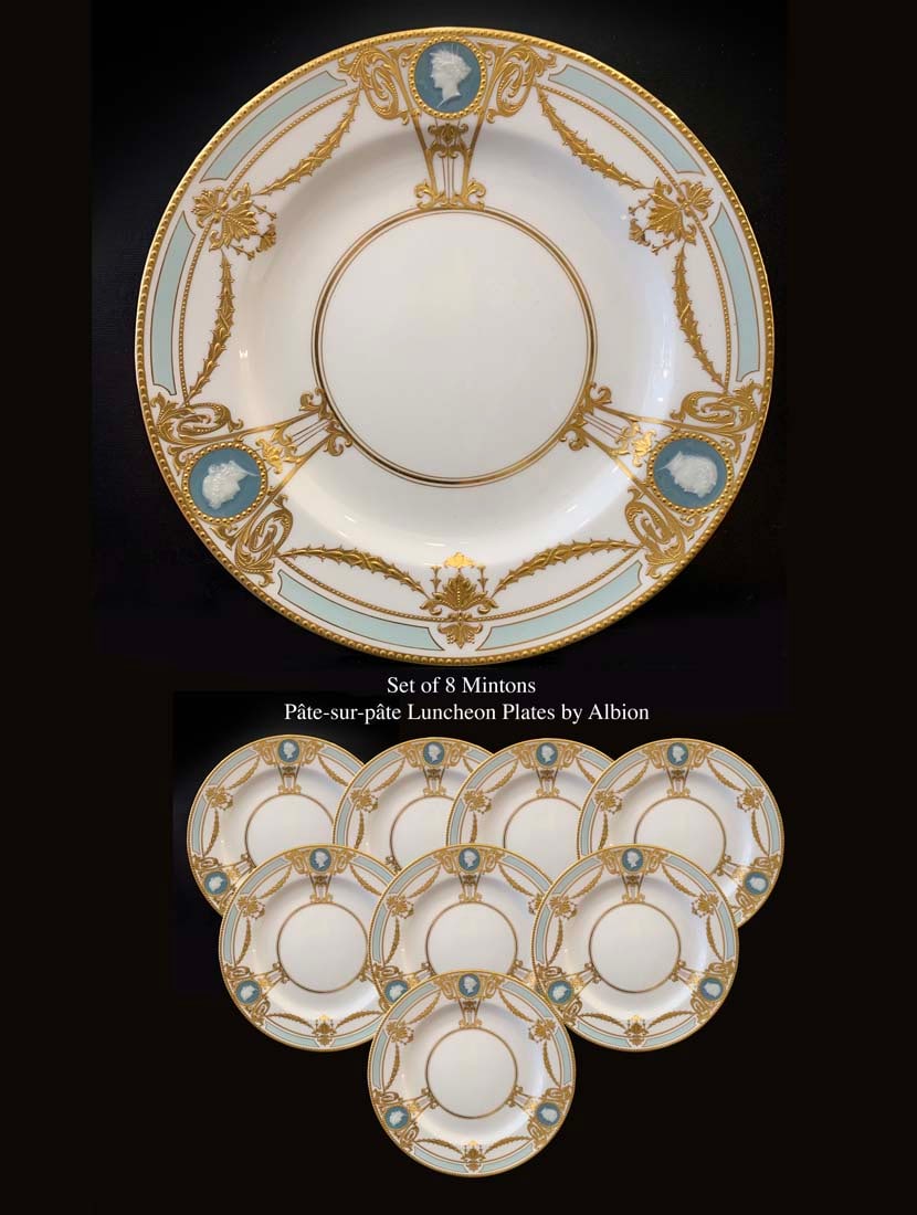 A Set of Eight English Mintons Pate-Sur-Pate Luncheon Plates, Hallmarked & Signed (1 of 4)