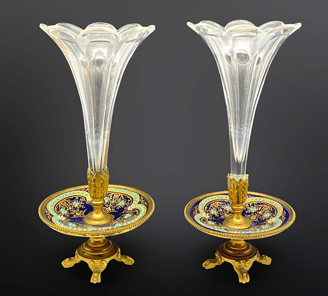 A Pair of 19th C. Sevres Jeweled Enamel Bronze Baccarat Crystal Vases (1 of 5)
