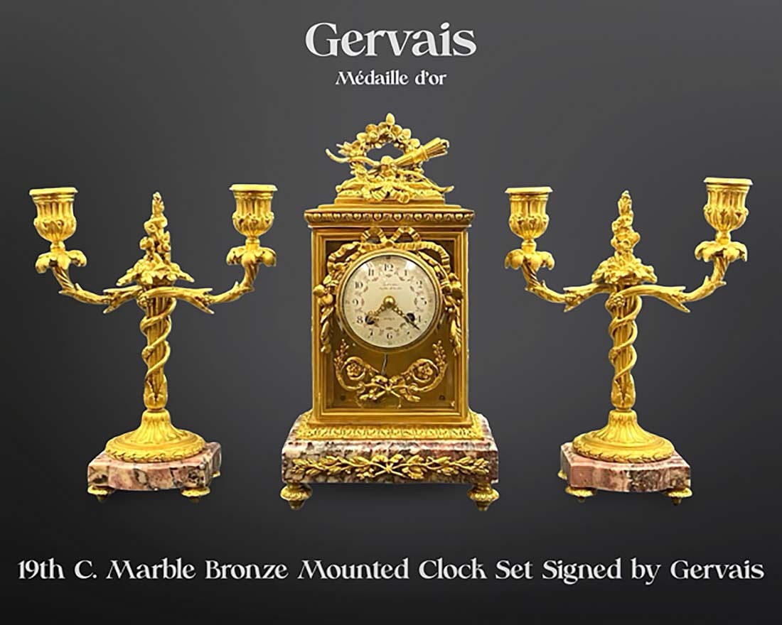 19th C. French Bronze Mounted Marble Clock Set, Signed by Gervais (1 of 7)
