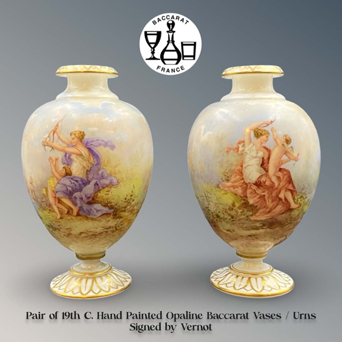 A Pair of 19th C. Baccarat Hand Painted Opaline Vases/Urns, Signed by Artist: A Pair of 19th C. French Baccarat Hand Painted Opaline Vases/Urns, Signed by Vernot. H 6.75" x W 4"