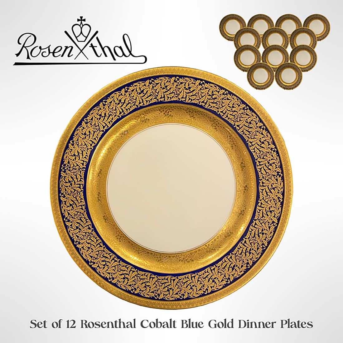 A Set of 12 German Rosenthal Gilt Cobalt Blue Dinner Plates. Hallmarked (1 of 4)