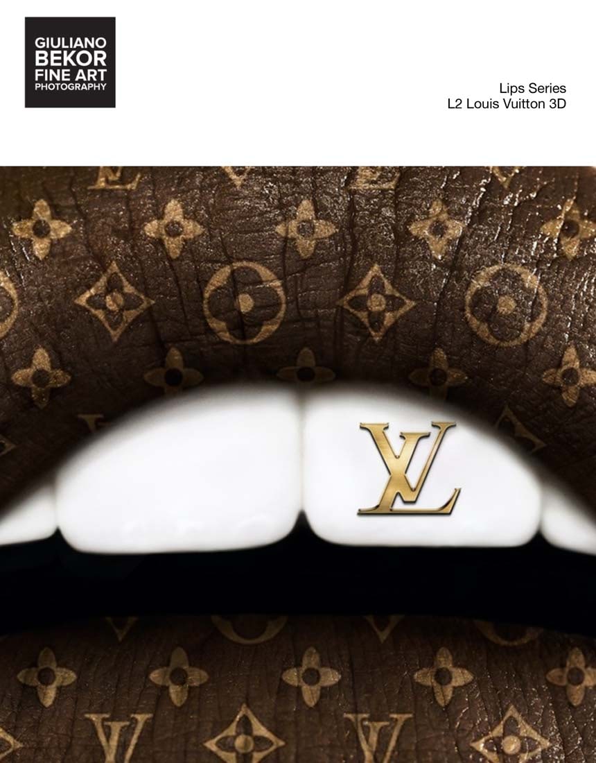 A Giuliano Bekor Fine Art Photography, Lips L2 Louis Vuitton 3D: Title of artwork: Lips L2 Louis Vuitton 3D, Year 2018, Print size 36 Inches diameter trim bleed, Artwork finished size 36 Inches diameter trim bleed, Limited edition 3 of 8, Artist proof 2. Medium: Th