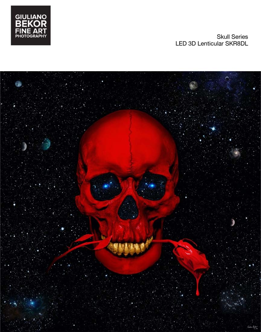 A Giuliano Bekor Fine Art Photography, Skull SKR8DL LED 3D Lenticular: Title of artwork: Skull SKR8DL LED 3D Lenticular, Year 2018, Print size 40x40 Inches, Artwork finished size 41x41 Inches, Limited edition 1 of 8, Artist proof 2. Medium: This art work is printed on th