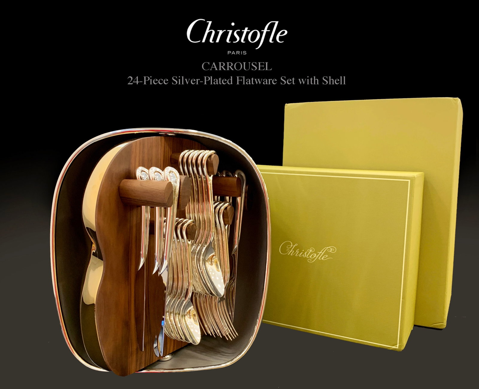 A Christofle PARIS CARROUSEL Silver-Plated Flatware 24-Piece Set W/ Shell Box: A French Christofle PARIS CARROUSEL Silver-Plated Flatware 24-Piece Set W/ Shell Box. 12" x 13" x 9"