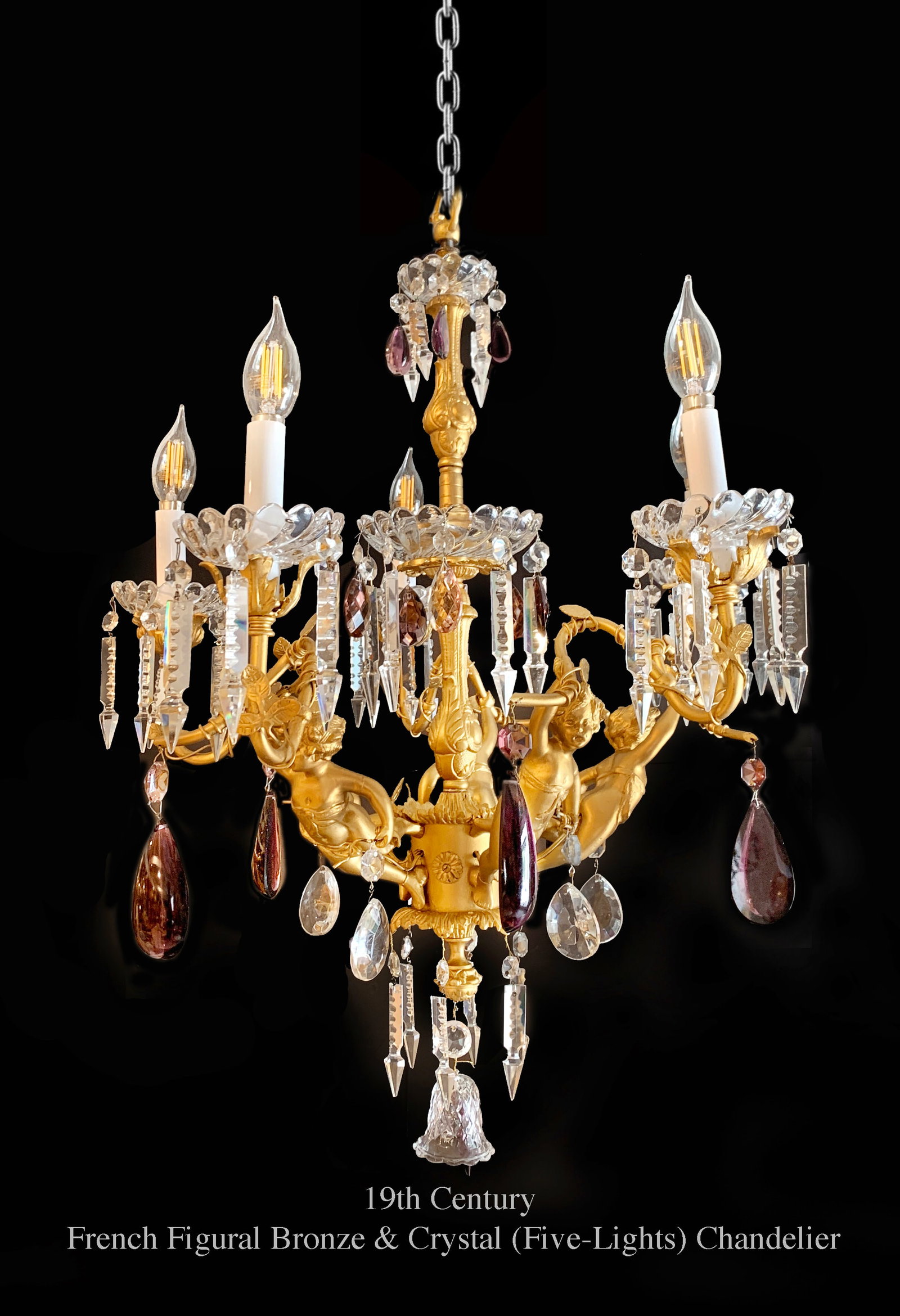 19th Century French Bronze & Crystal Figural Five-Lights Chandelier (1 of 1)