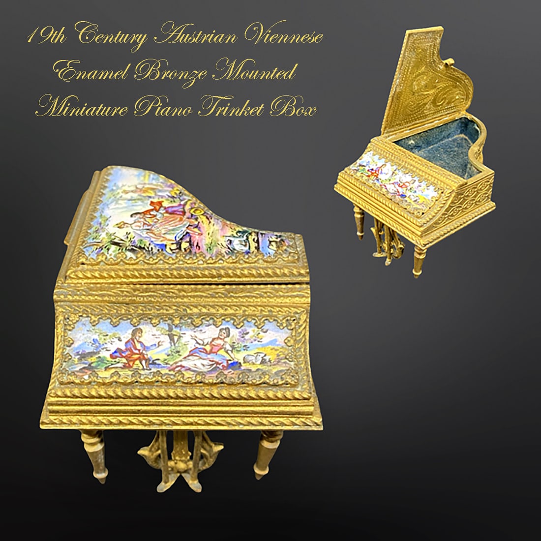 19th C. Austrian Viennese Enamel Bronze Miniature Piano Trinket Box, Hallmarked (1 of 6)