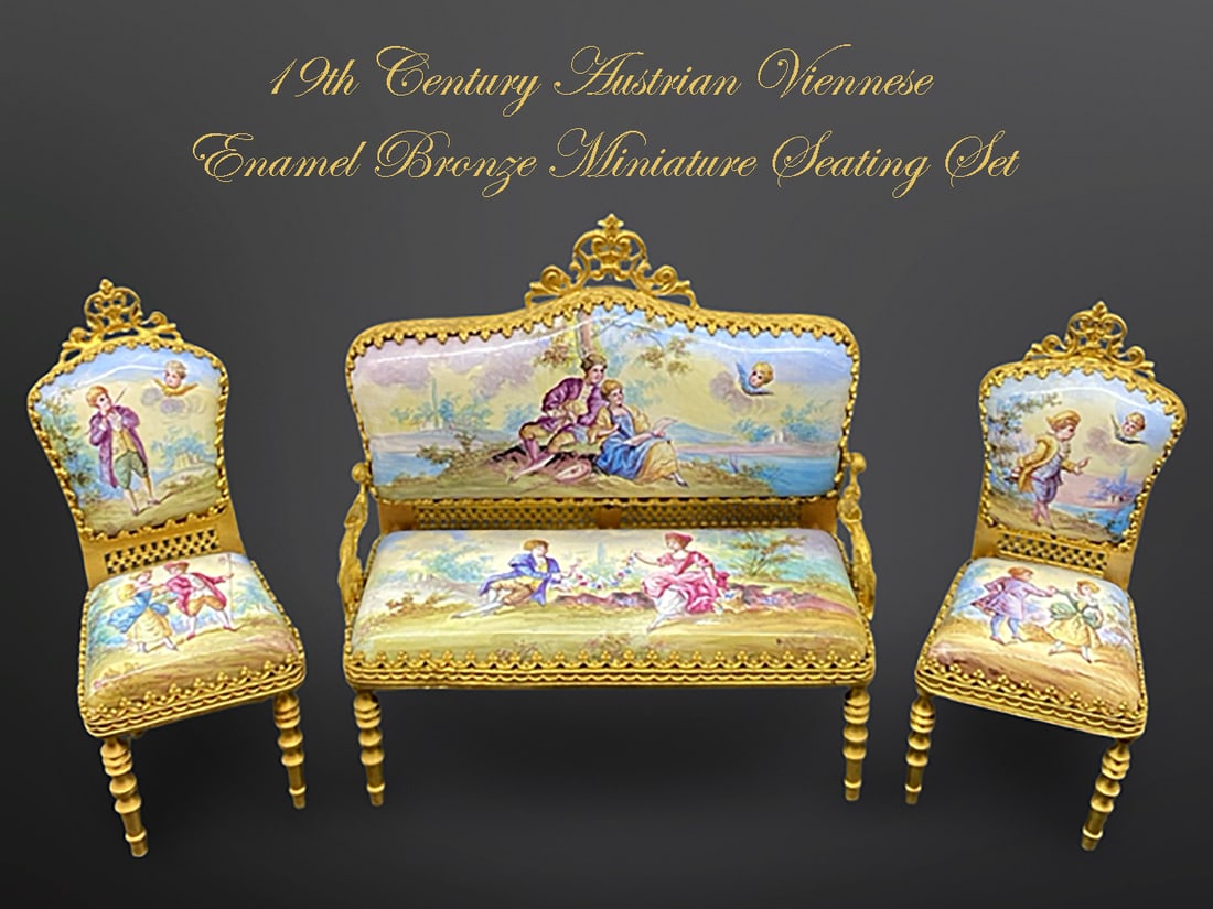 A Lot of Three 19th C. Austrian Viennese Enamel Bronze Miniature Seating Set: A Lot of Three 19th Century Austrian Viennese Enamel Bronze Mounted Miniature Seating Set. Sofa: H 3.75" x L 3.5" x W 1.5", Chairs: H 3.25" x L 1.3" x W 1.25"