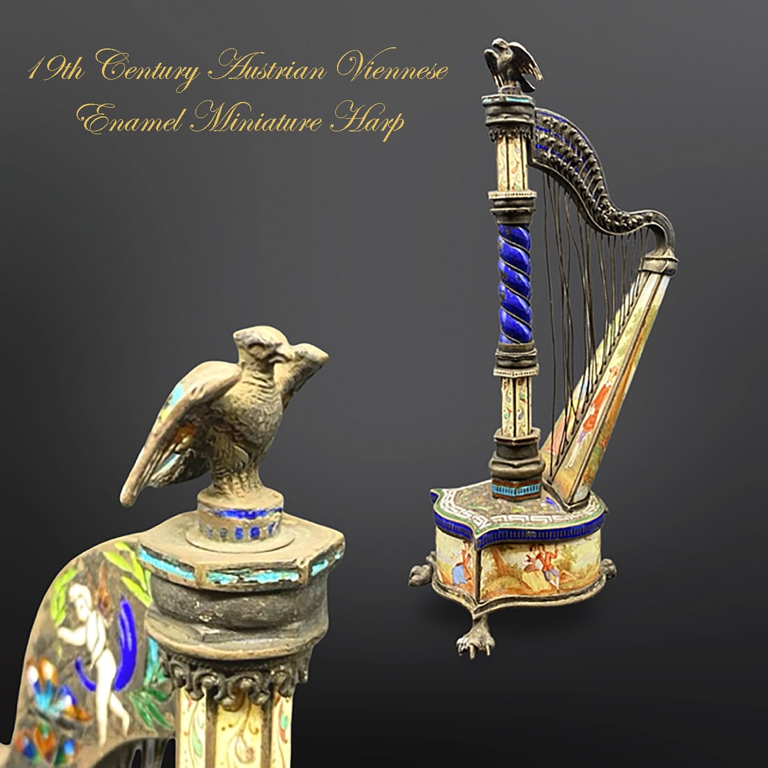 19th Century Austrian Viennese Enamel Bronze Miniature Harp: 19th Century Austrian Viennese Enamel Bronze Miniature Harp. H 6.5" x L 3.25" x W 2.3"