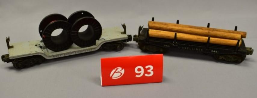 Lionel 6561 Flat Car and 3461 Operating Log Unloading: Lot of 2: Lionel 6561 Flat Car and 3461 Operating Log Unloading Car * Post War * 6561 has 2 Spools * 3461 Operating Log Unloading Car