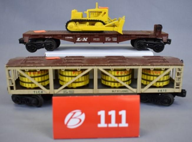 Lot of 2 Lionel Cars: Lot of 2 Lionel Cars * Lionel 9121 Flat Car with Bull Dozer Load 6424-11 * Lionel 6475 Pickle Car