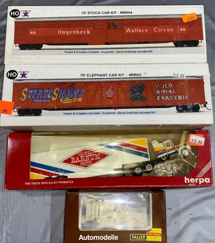 2 HO Circus Cars, Circus Semi: * 1- Sparkling Star Models HO Circus Train Cars and Semi 70’ Stock Car Kit RRH4 * 1- Sparkling Star Models HO Circus Train Cars and Semi 70’ Elephant Car Kit RRH3 * Herpa - Colonel Barnum