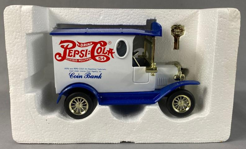 Pepsi Cola 5 Cent Coin Bank with Key: Golden Classic Pepsi Cola 5 Cent Coin Bank with Key