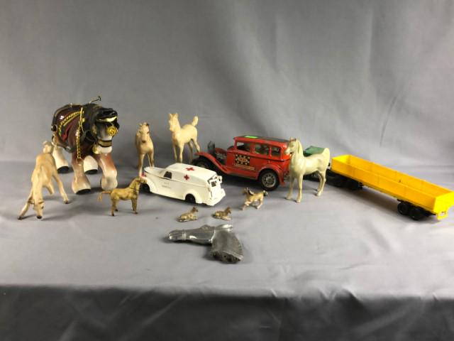 Hubley Taxi, Leftons Horses, Ideal Ambulance, Etc: * Hubley Taxi Car * Lefton's Horse (Qty: 2, One has a broken leg)* Ideal 1-1729 Ambulance* Other Horses and Tractor Trailer