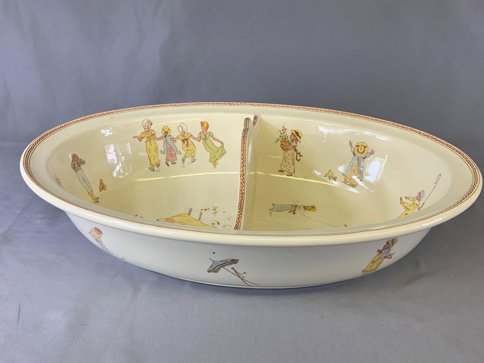 Antique French Sarreguemines Childs Doll Wash Basin: Kate Greenaway Measurements: 10.5” x 15”