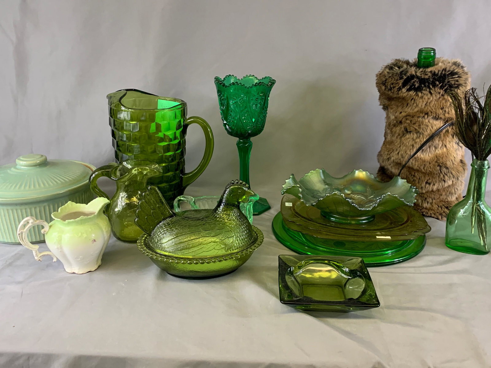 Green Glass: Ash Tray, Pitcher, Hen on Basket, Bottles: Green Glass: Ash Tray, Pitcher, Hen on Basket, Bottles