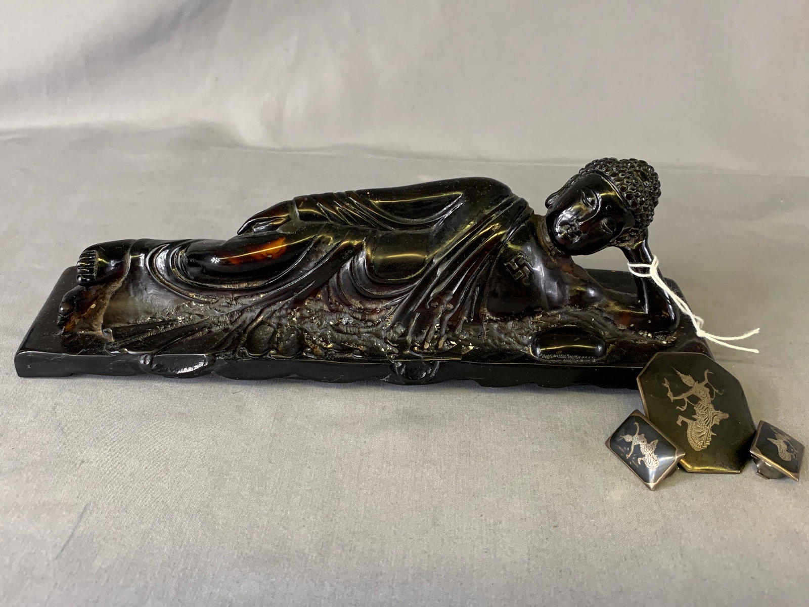 Amber Reclining Buddha, Siamese Brooch, Clip-On Earrings: Amber Reclining Buddha, Siamese Brooch, Clip-On Earrings