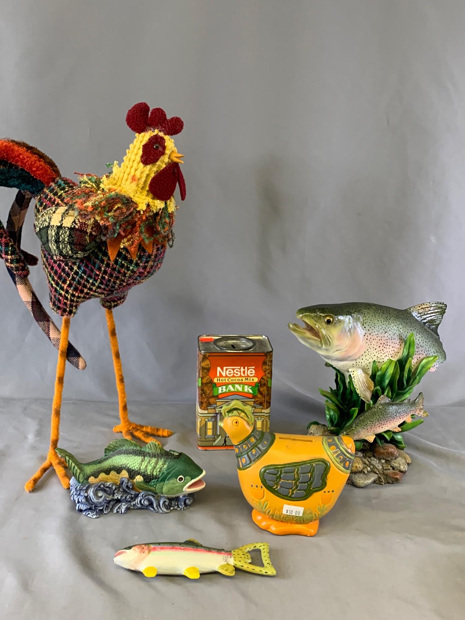 Banks, Large Rooster, Fish Statue and Bottle Opener: Banks, Large Rooster, Fish Statue and Bottle Opener