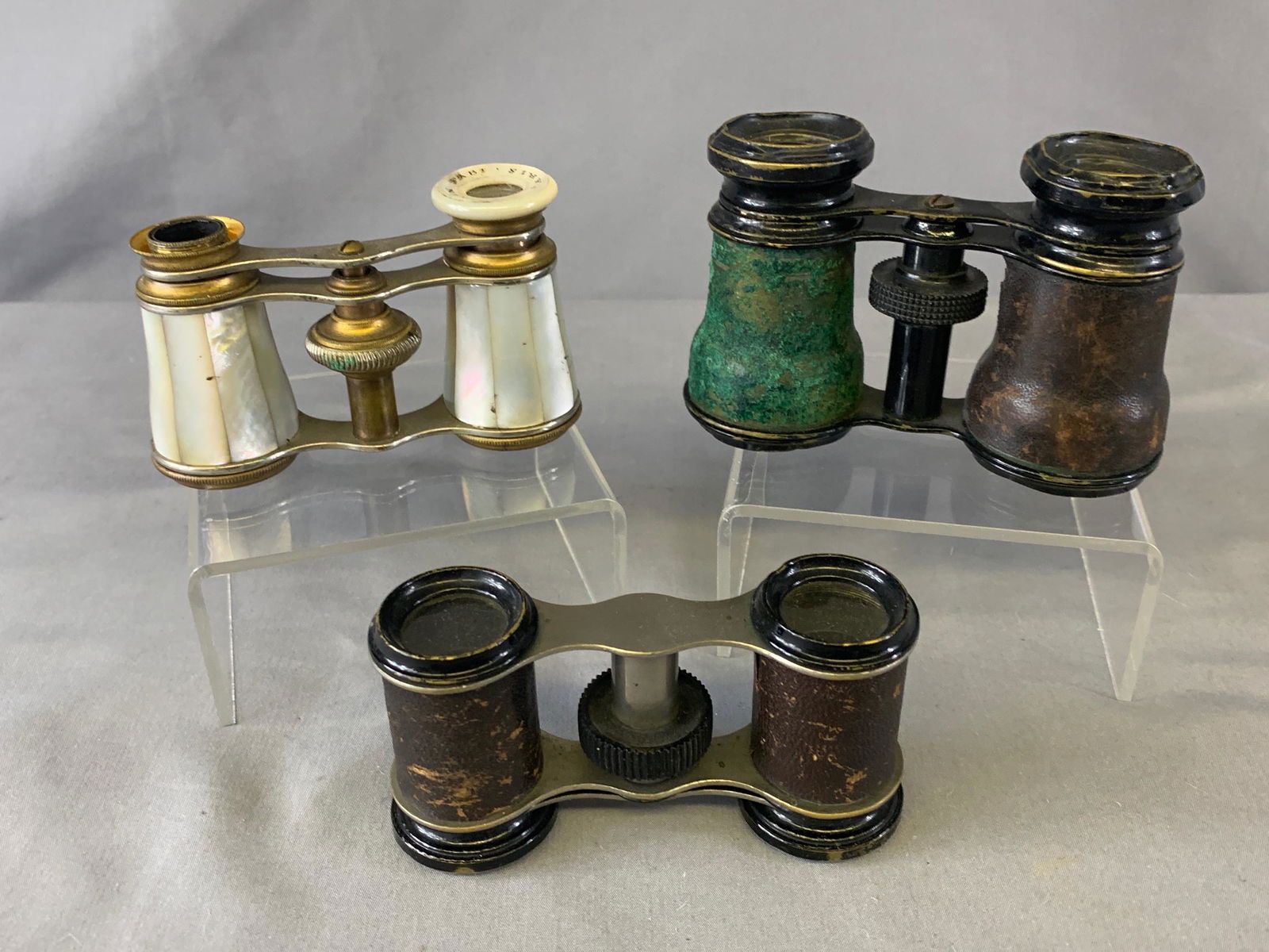 Vintage Binoculars (3): Vintage 1930s' Black Lacquered Over Brass BinocularsVintage Nickel Plated and Leather Opera Binocular Glasses