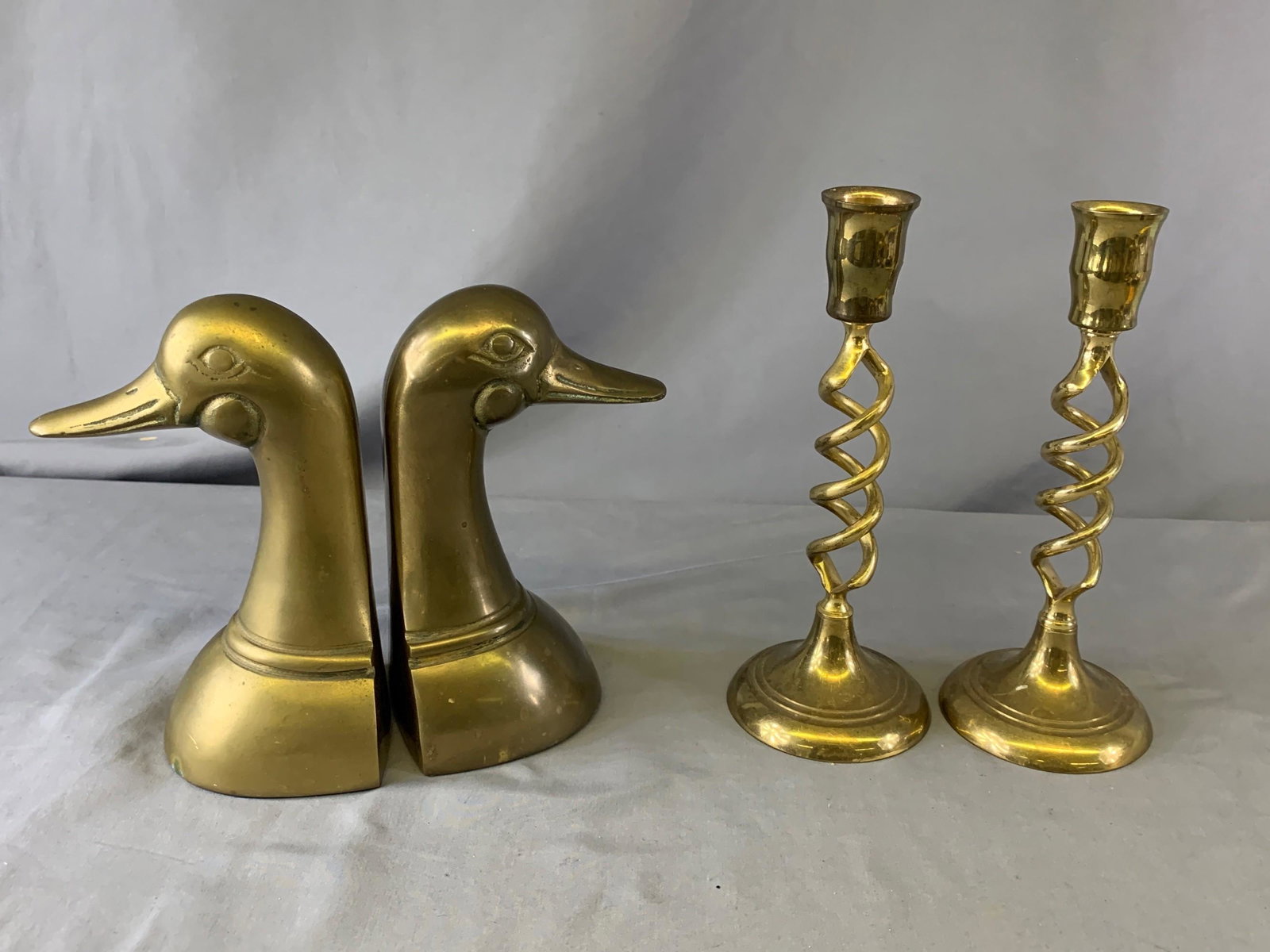Brass Mallard Bookends and Two Brass Candle Holders: Brass Mallard Bookends and Two Brass Candle Holders