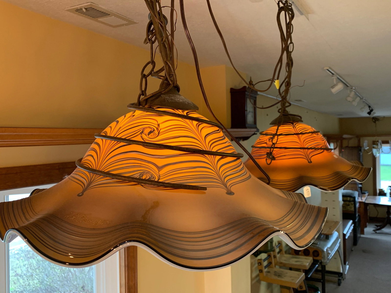 Two Matching Blown Glass Artist Signed Pendant Lamps: Artist Todd Phillips Measurements: 19” wide