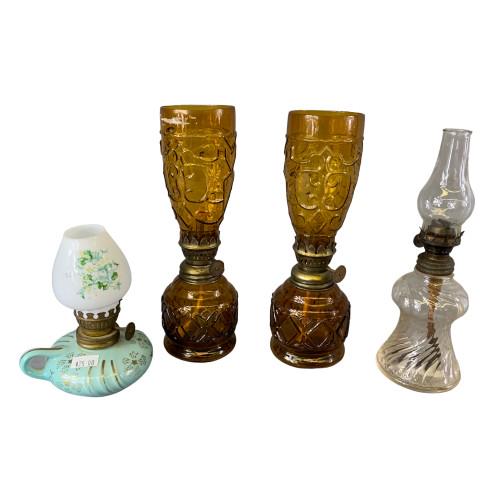 Four Oil Lamps: Glass and Porcelain: Four Oil Lamps: Glass and Porcelain