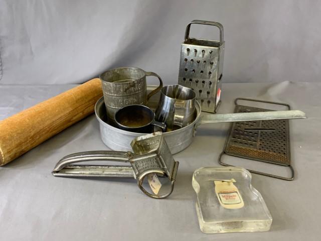 Vintage Kitchen Utensils: Graters, Rolling Pin, Advertising, Cups