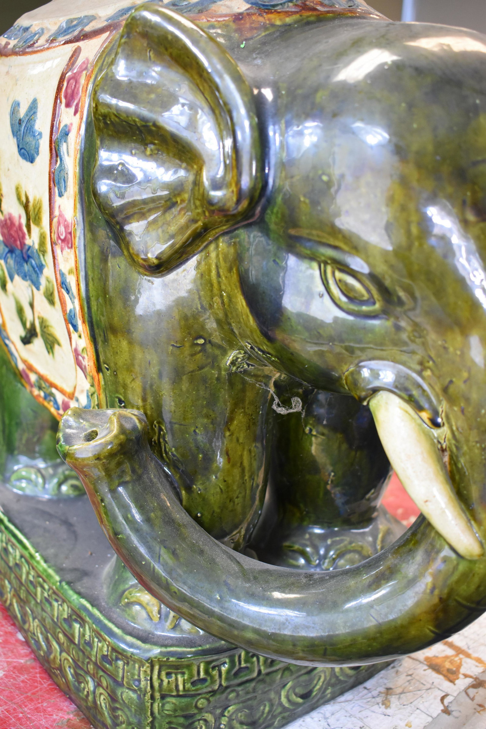 Large Antique Asian Elephant Ceramic Porcelain Pottery Art Garden Seat: Height: 22.5 Width: 24 Depth: 12