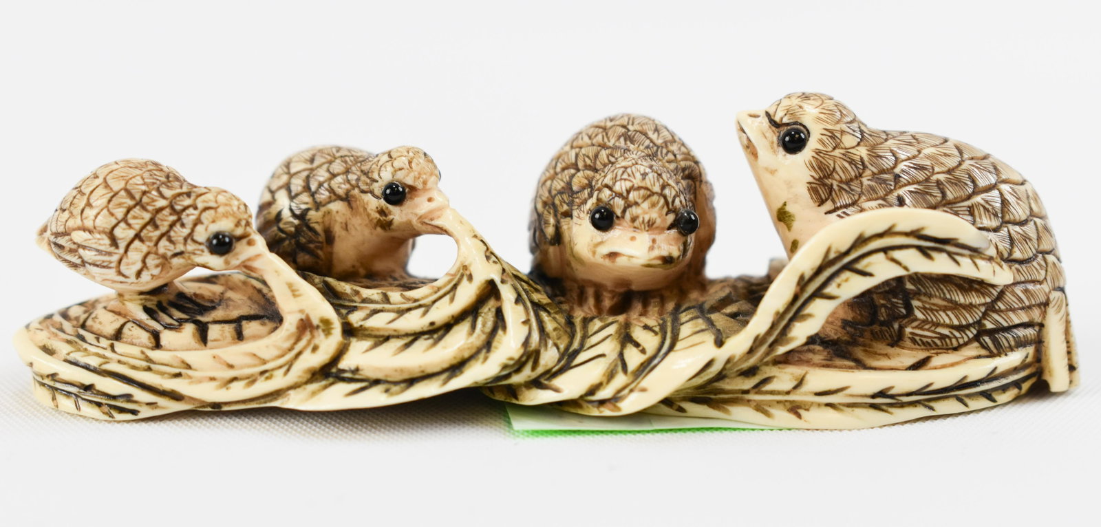 Ivory Netsuke of Four Quail: Japanese, 20th Century Including an adult bird and three young, each arranged in a line on millet leaves and two pulling at the stems; stained details, inlaid eyes; signed (unread). Length: 3"