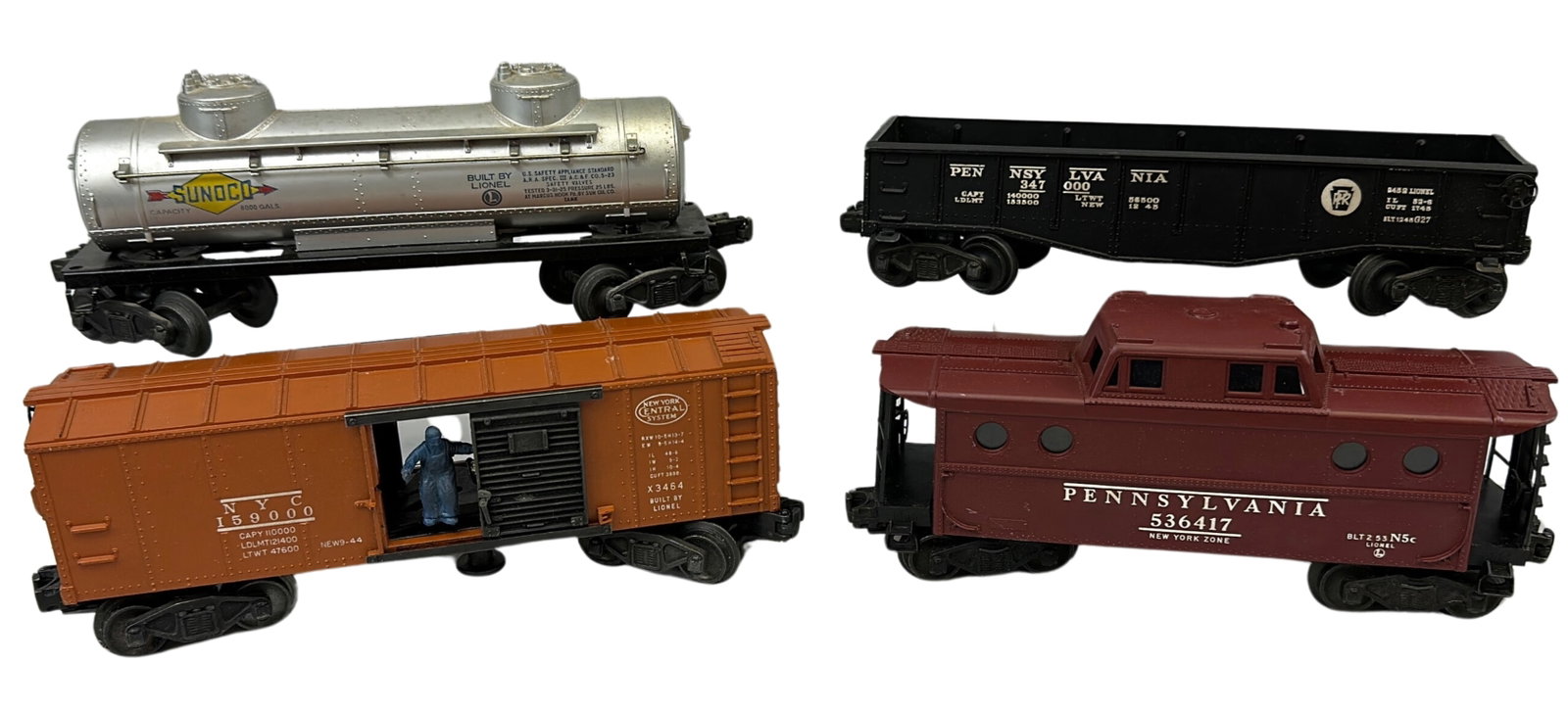 Lionel 2465 Tanker +3464 NYC +2452 Gondola +6417Caboose: Lionel 2465 Tank Car + 3464 NYC + 2452 Gondola + 6417 Caboose Original Boxes