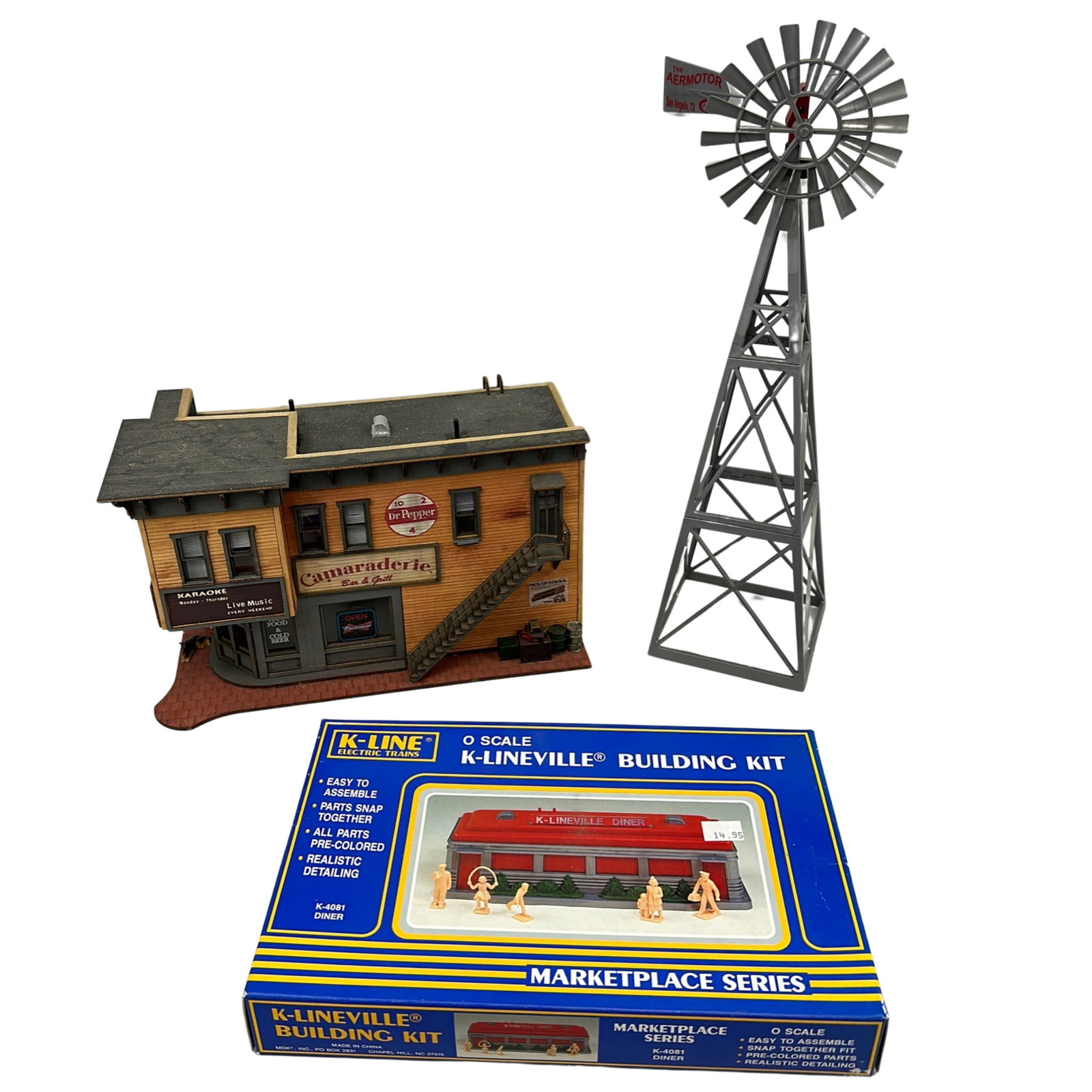 Model Buildings Bar & Grille Windmill K-Line Diner: Handmade Assembled Painted Model Buildings Bar & Grille + Windmill + K-Line Diner in Box