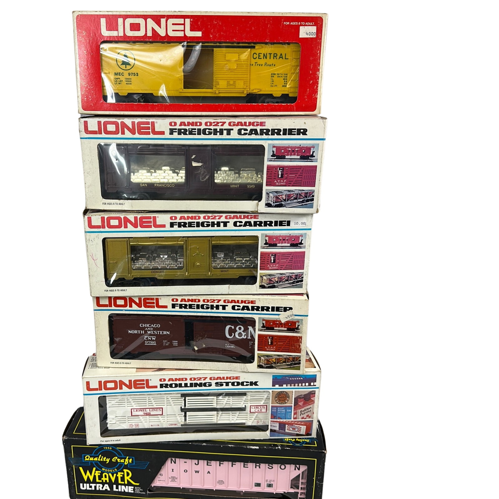6 Lionel Weaver Circus 9753 9408 9786 9349 7515 Mint: 5 Lionel & 1 Weaver Box Cars Circus Cattle Chicago NW 9753 9408 9786 9349 7515 Denver Mint Gold Bull