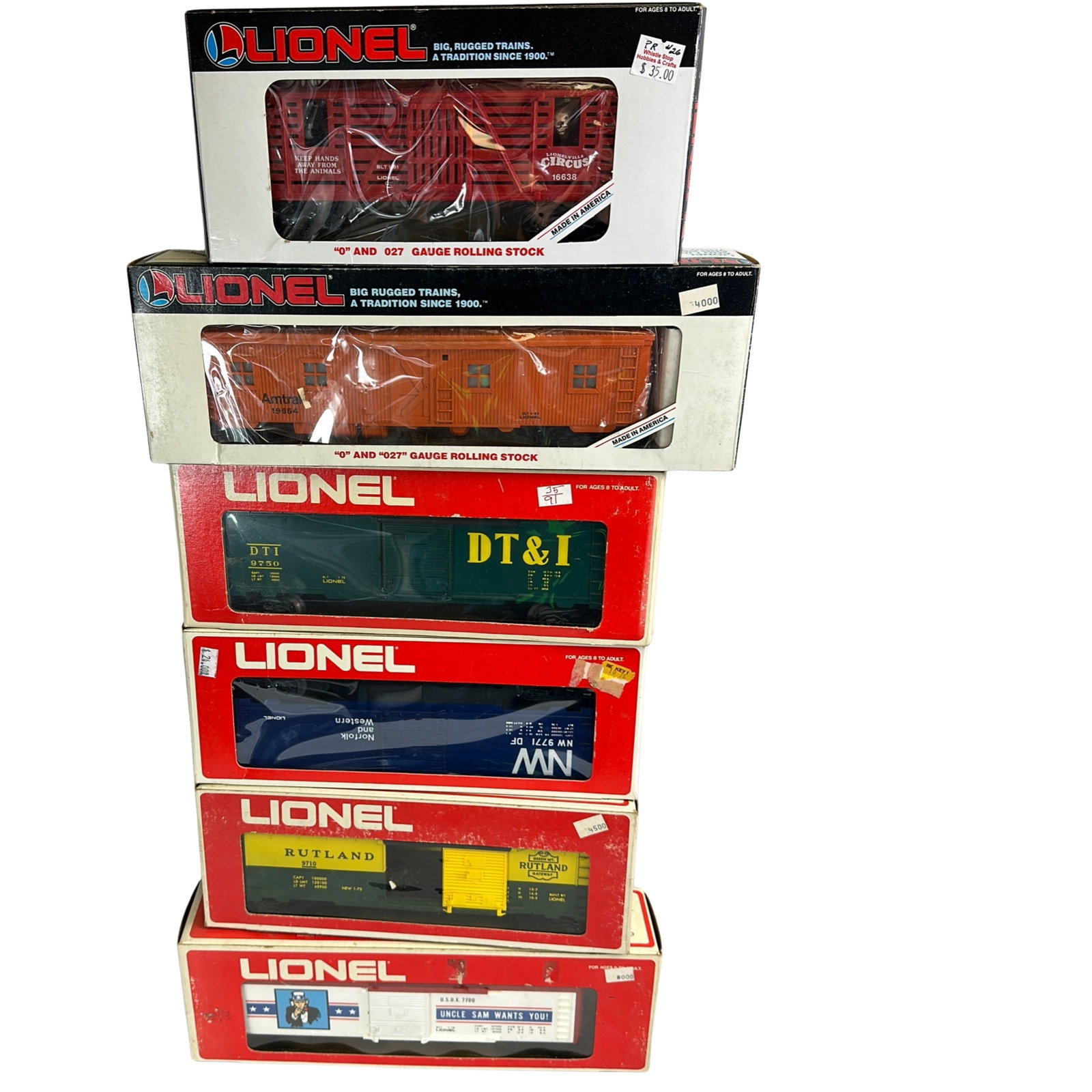 6 Lionel 9771 9750 7700 9710 Circus 16638 Amtrak 19654: 6 Lionel Cars in Boxes: 9771 9750 7700 9710 Circus 16638 Amtrak Bunk Lighted 19654