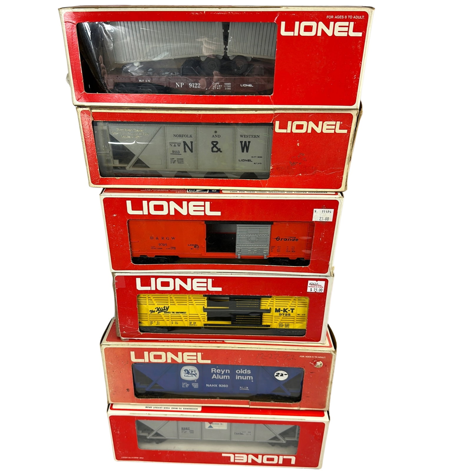6 Lionel 9705 9260 9113 9725 9122 9267 Flat Vans Cattle: 6 Lionel Cars in Boxes: 9705 9260 9113 9725 9122 9267 Flat Vans Hopper Cattle
