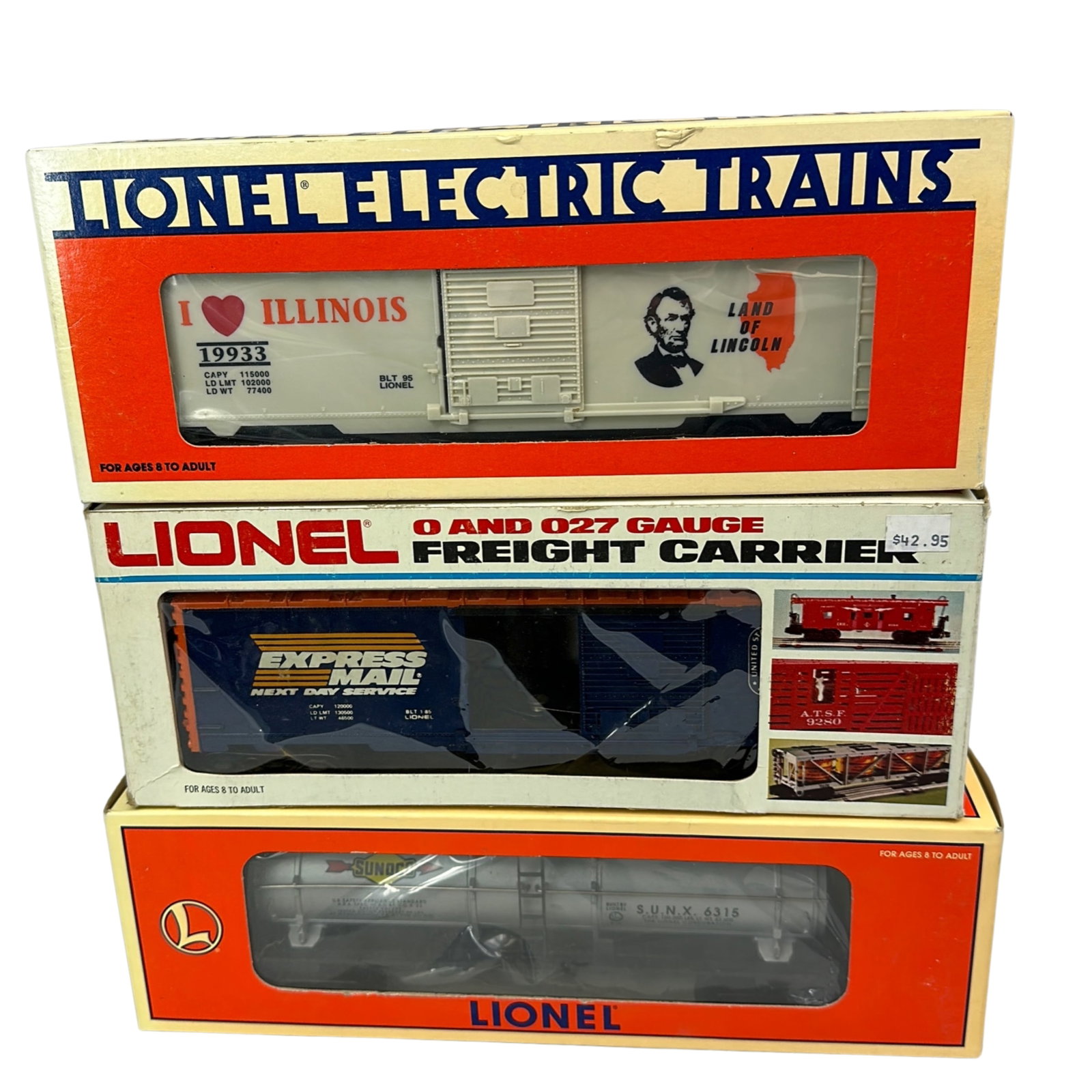 Lionel Express Mail Operating 9229 16150 Lincoln 199: 3 Lionel Original Box Express Mail Operating Car 9229 Sunoco Tank 16150 Land of Lincoln Illinois 199