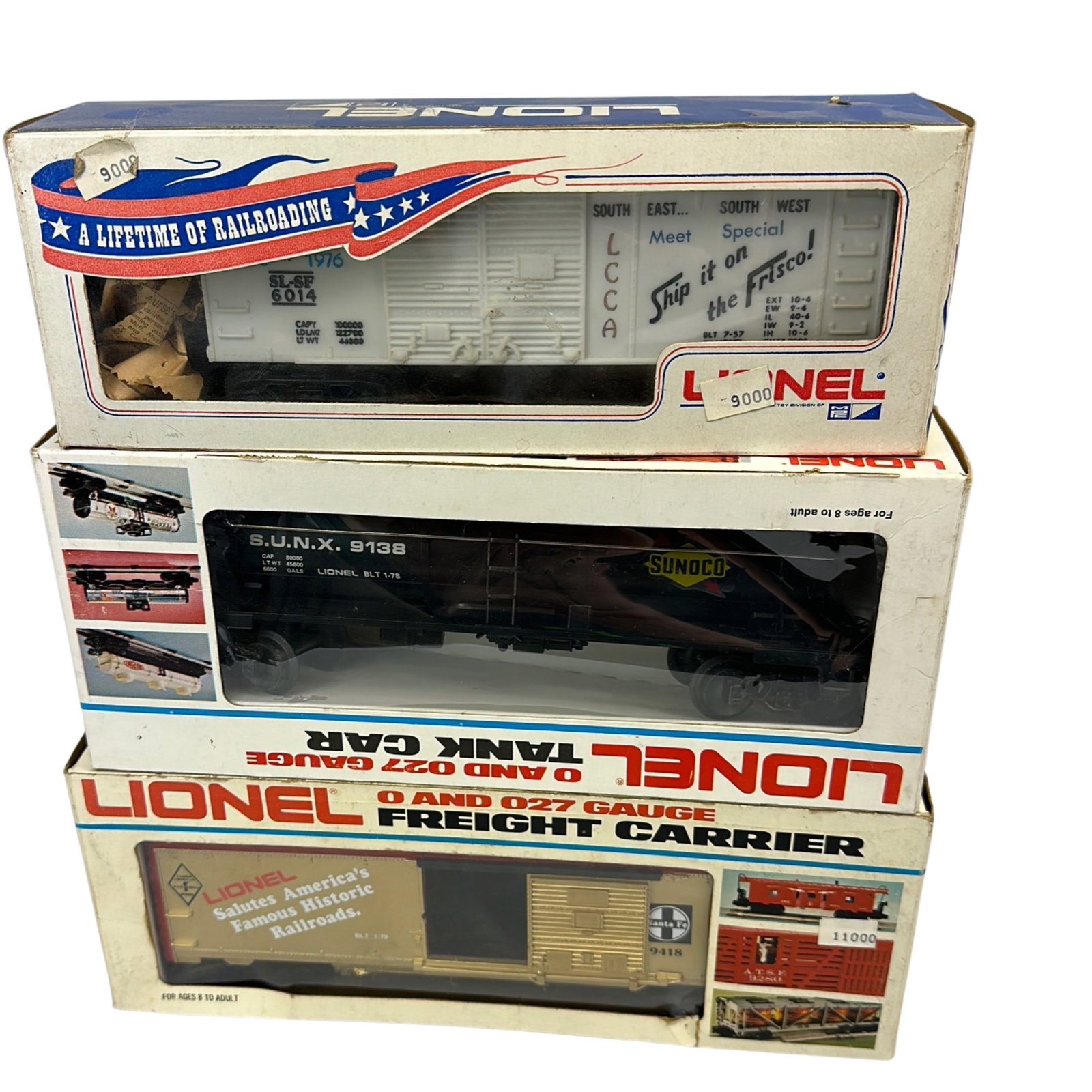 Lionel American Railroad 9418 9138 LCCA Frisco 6014-900: 3 Lionel Original Box American Railroads Car 9418 Sunoco Tank 9138 LCCA Frisco 6014-900