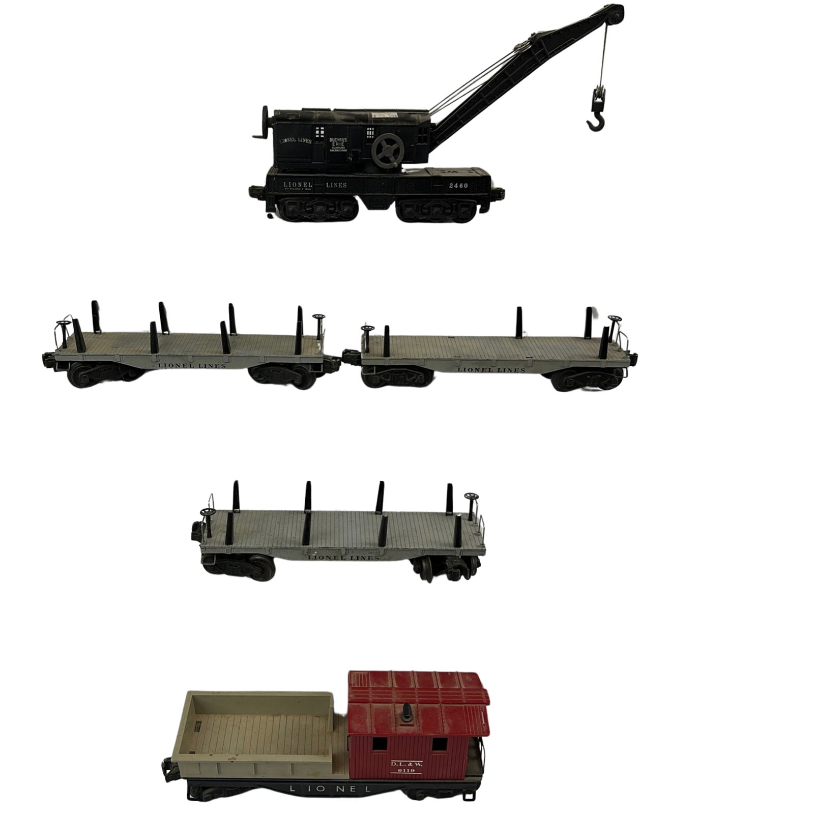Lionel 6411 2411+2460 Bucyrus ErieCrane VarD Black+6119: 5 Lionel Metal Diecast Cars Flatcars 6411 2411 + 2460 Bucyrus Erie Crane Var D Black + 6119 Work Cab