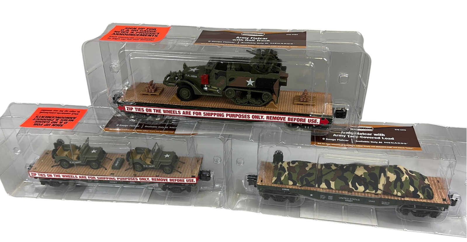 Menards Army Truck Half-Track Jeeps 279-3478 3384 3380: New in Box Menards Army Flatcars Truck Half-Track Jeeps 279-3478 3384 3380