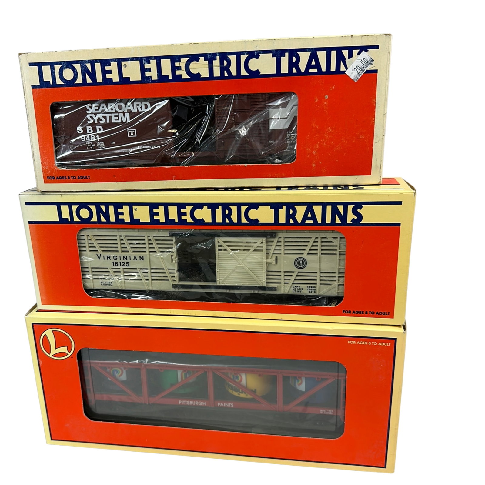 Lionel Seaboard 9481+Stock Car 16125+Pitts Paint 19446: Lionel Original Boxes Lot: Seaboard 9481 + Stock Car 16125 + Pittsburgh Paint 19446