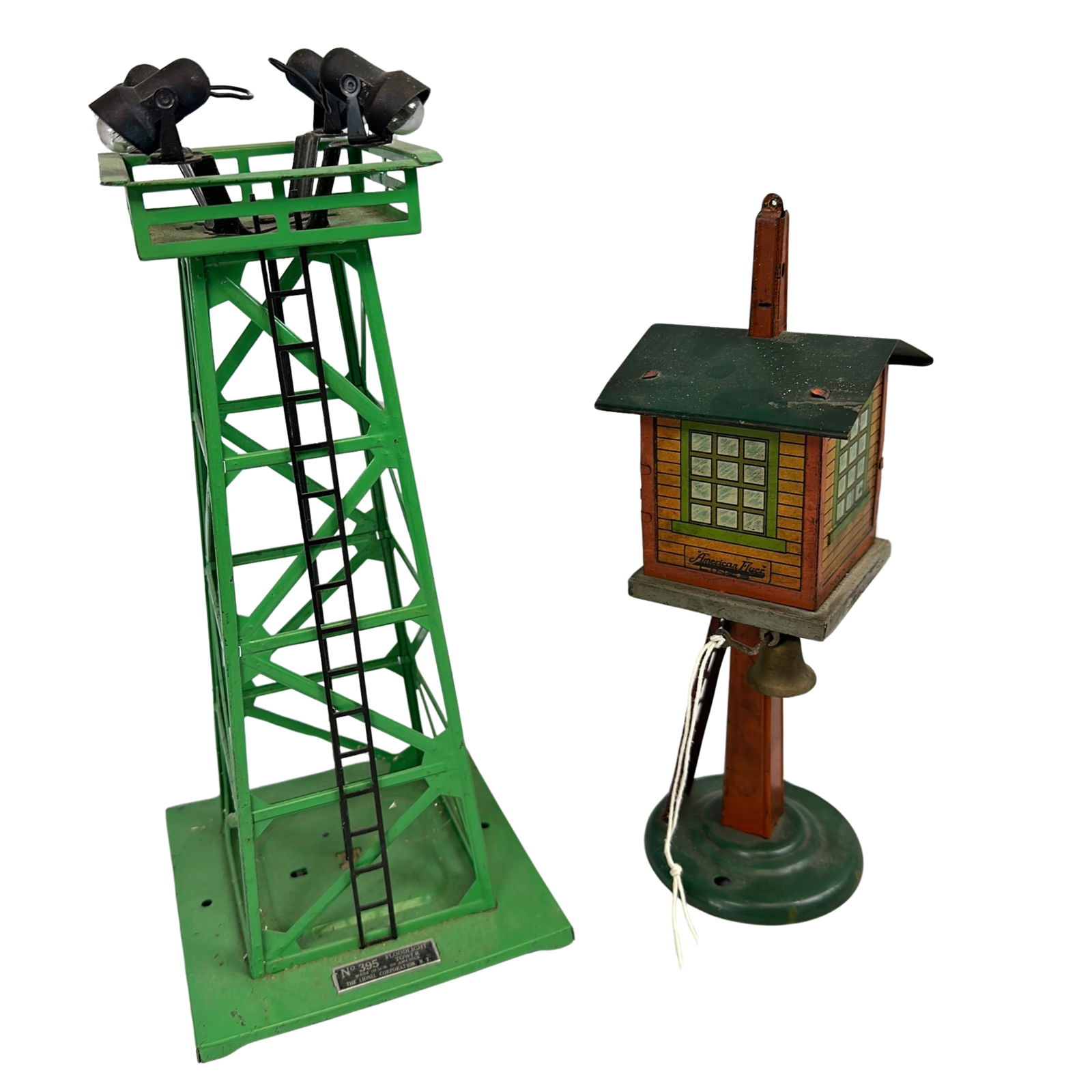 American Flyer Watchman Tower Bell House 214 Lionel 395: Pre-War Tin Litho American Flyer Watchmans Tower Bell House 214 & Lionel Post War 395 Floodlight Va