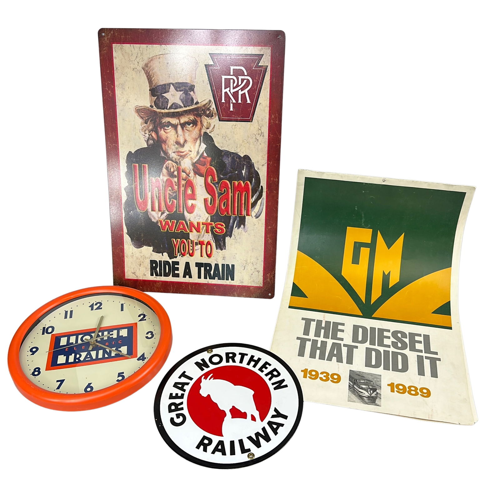 Enameled Great Northern Railway Badge Sign Lionel Clock: Heavy Metal Enameled Great Northern Railway Badge Round Sign Steel & Lionel Wall Clock 1989 Train Ca