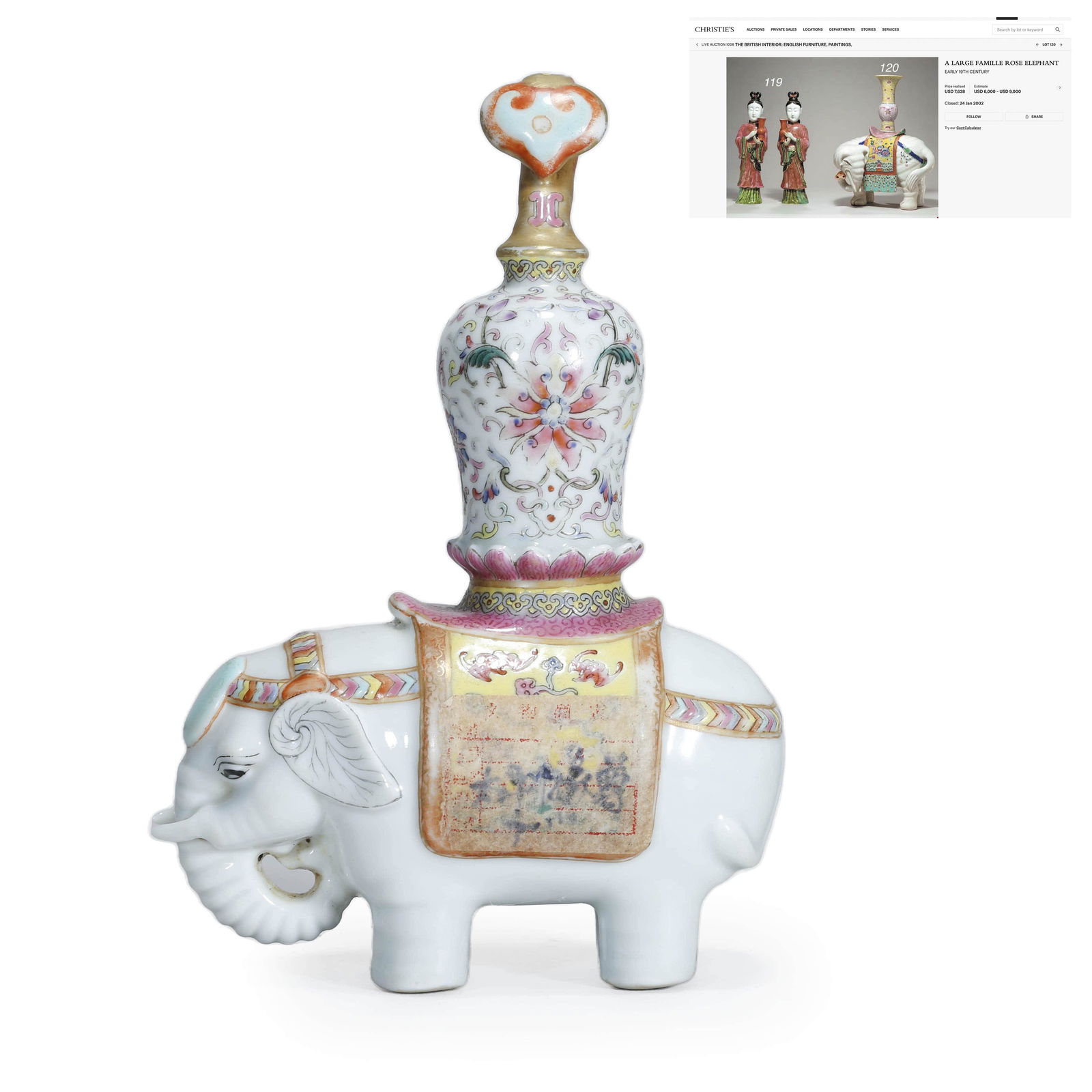 Famille Rose Stupa On Elephant: Famille Rose Stupa On Elephant Width:11.5cm.Height:16.5cm. Provenance: Acquired from Chinese Antique Shop released out around late Qing Dynasty. Da Qing Qianlong Nian Zhi mark. Famille rose elephant c